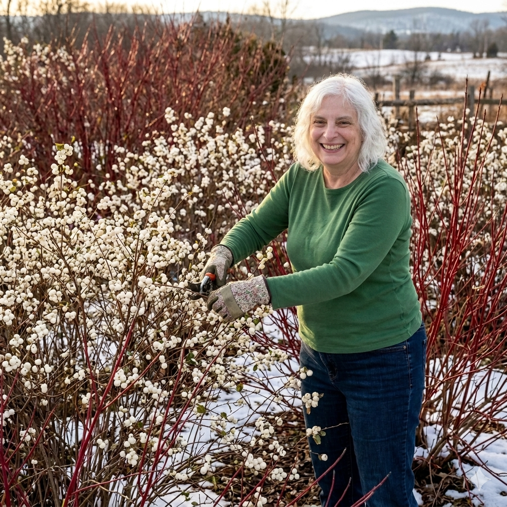 Diane Dixon pruning snowberry among red winter stems in a Pacific Northwest garden.