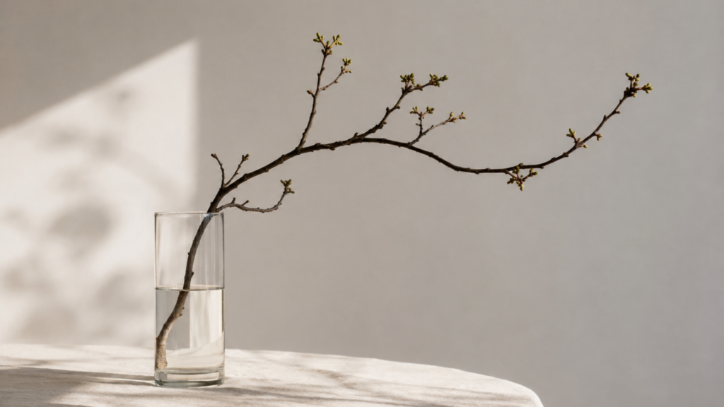 Minimalist still life: a single branch with early buds in a clear glass cylinder vase, soft natural light, neutral background, editorial composition, quiet and intentional.