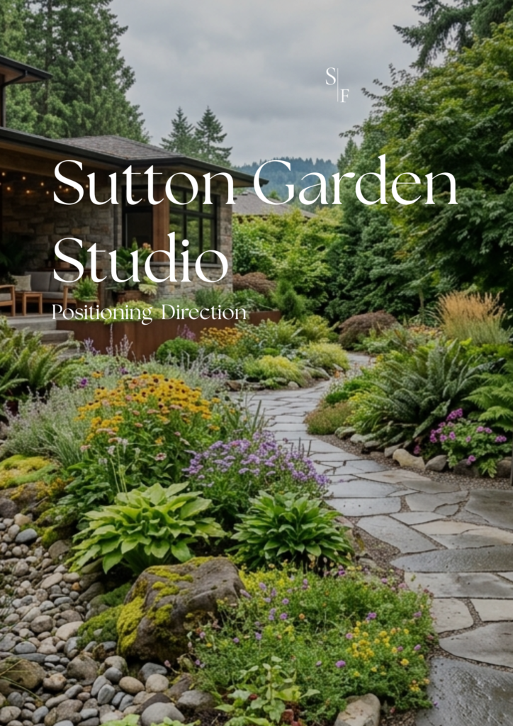 Sutton Garden Studio Positioning Direction cover showing a lush residential garden with layered planting, stone paths, and restrained naturalistic design.