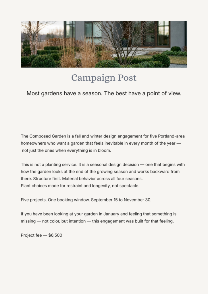 Sutton Garden Studio campaign direction for The Composed Garden, pairing winter garden structure with the message “Most gardens have a season. The best have a point of view.